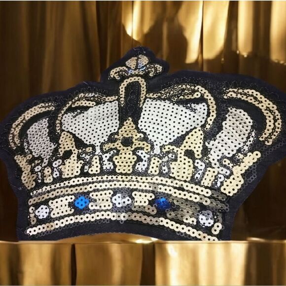 LARGE SILVER & GOLD Shiny SEQUIN CROWN EMBROIDERY PATCH - Royalty MOTIF Sequined - Picture 4 of 9